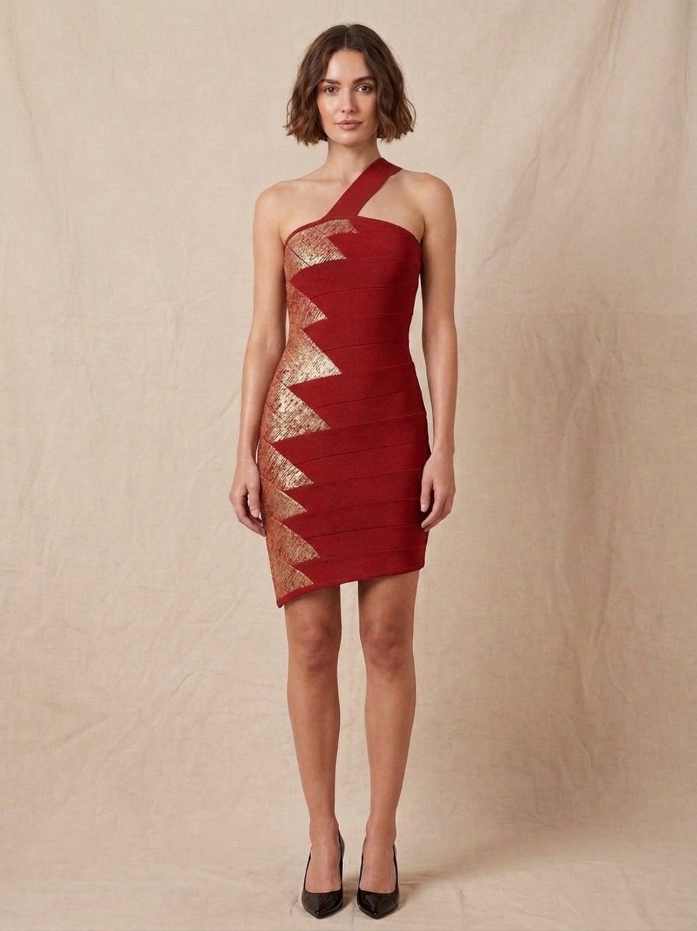 Bebe Addiction Red/Gold Foil Bandage Mini Dress Halter Neck Asymmetrical Hem XS